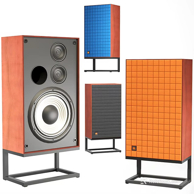 Modern Audio Speakers With Wooden Casing Various Grille Patterns And Colorful Panels 3d model 