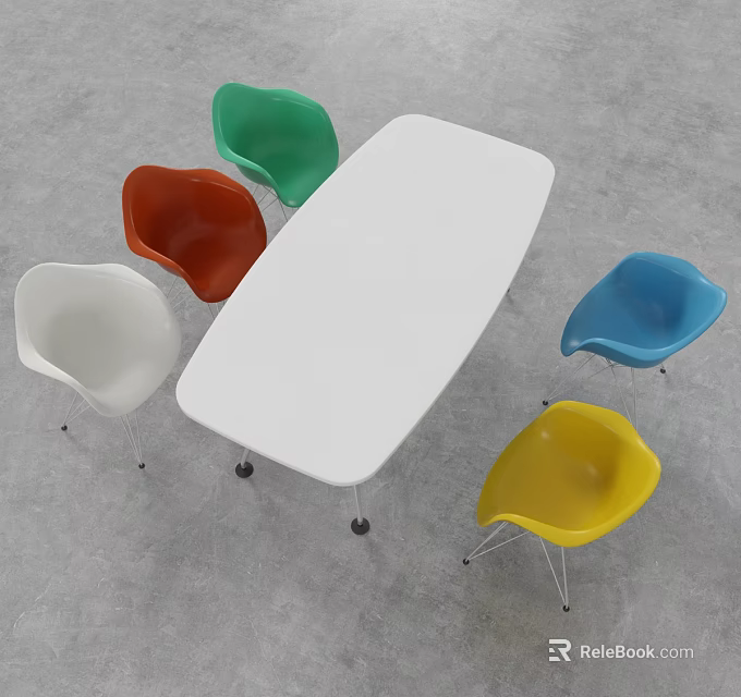 Modern Dining Table Set With White Rectangular Table And Colorful Chairs With Metal Legs 3d model