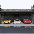 Carport Roof Structure with Stone Wall Trees and Vehicle Reflections in Parking Area