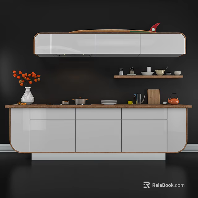 Stylish Modern Kitchen Cabinets With White Finish Wooden Countertop And Decorations 3d model 