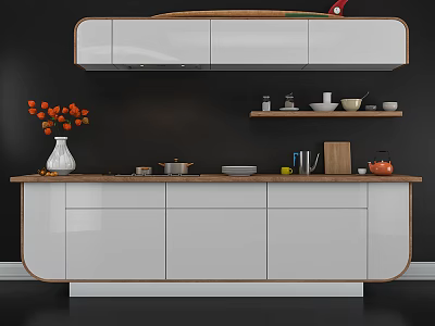 Stylish Modern Kitchen Cabinets With White Finish Wooden Countertop And Decorations 3d model