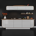 Stylish Modern Kitchen Cabinets With White Finish Wooden Countertop And Decorations