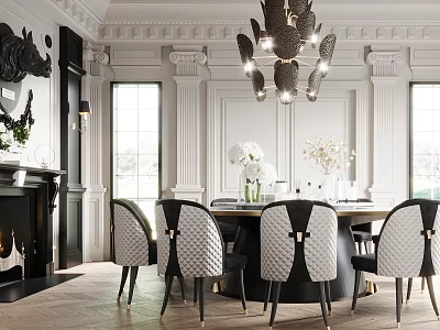 Elegant Restaurant Interior With Chandelier Dining Table Chairs Fireplace And Flowers 3d model