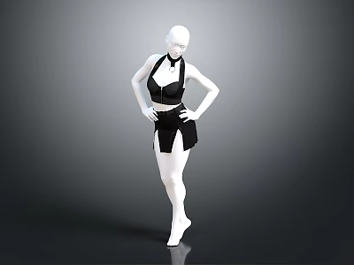 White Mannequin In Black Outfit With Hands On Hips Against Gray Background 3d model