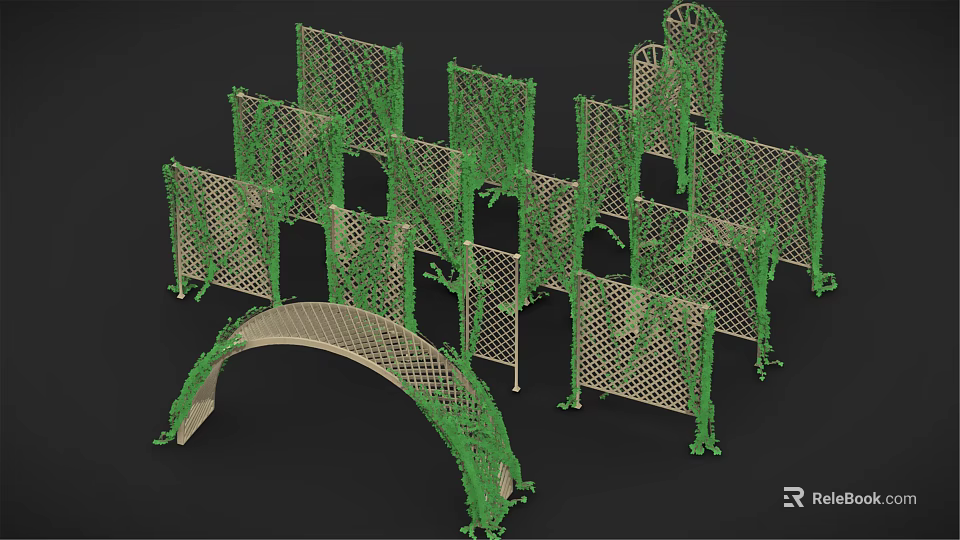 Ornamental Green Fence Design With Grid Structure And Arch Decorative Elements 3d model 