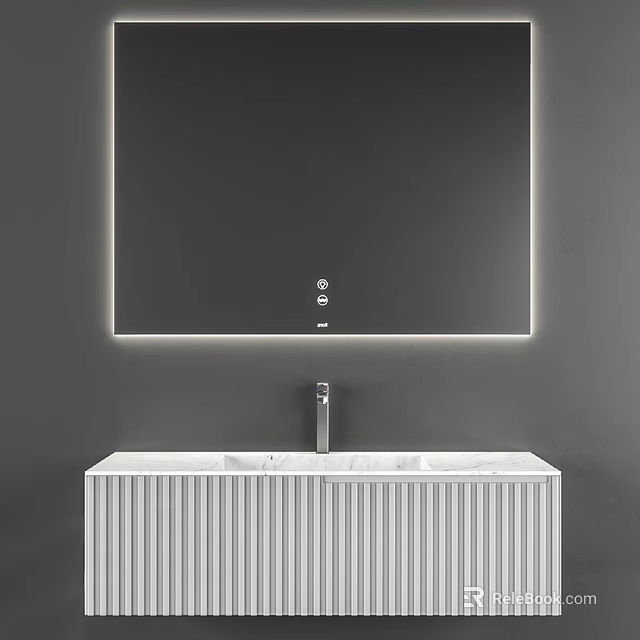 Modern Bathroom Vanity With Large LED Lighted Mirror And White Striped Cabinet 3d model 