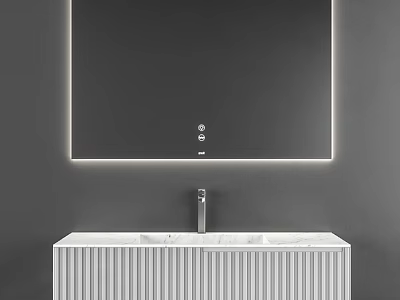 Modern Bathroom Vanity With Large LED Lighted Mirror And White Striped Cabinet 3d model