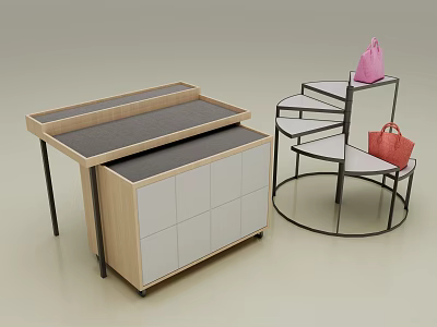 Shopping Mall Store With Wooden White Counter Black Metal Spiral Shelf And Pink Red Handbags 3d model