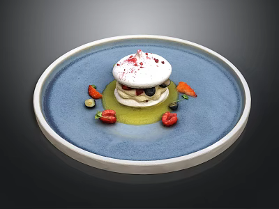 Delicious Meringue Dessert with Red Sprinkles on Blue Plate Fresh Berries and Green Sauce 3d model