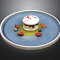 Delicious Meringue Dessert with Red Sprinkles on Blue Plate Fresh Berries and Green Sauce