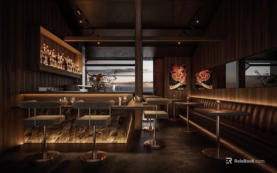 Dark Toned Bar Interior With Counter Stools Leather Seating And Art Decor 3d model