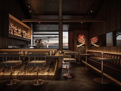 Dark Toned Bar Interior With Counter Stools Leather Seating And Art Decor 3d model