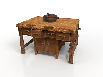 Vintage Wooden Table With Drawers Cabinet Doors And Mortar Pestle On Top 3d model