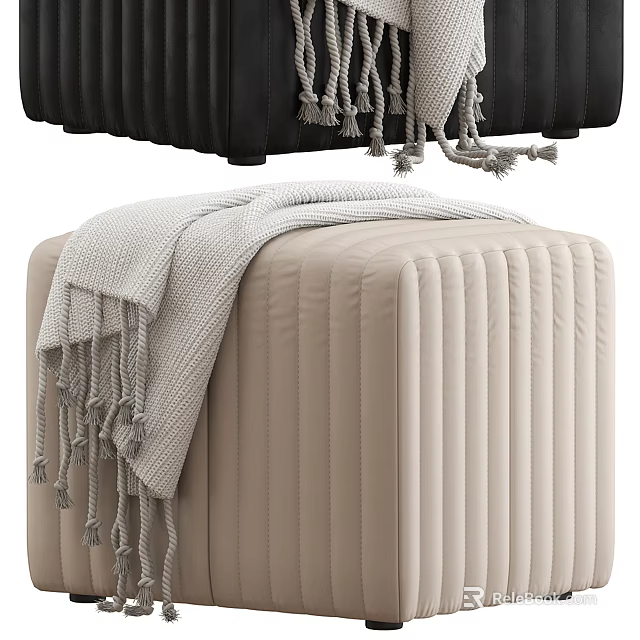 Black and Beige Vertical Pleated Ottomans Featuring Gray Blanket and Tassel Accents 3d model 