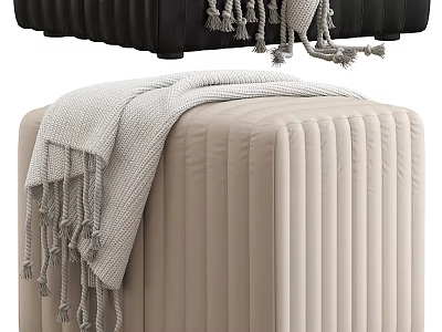 Black and Beige Vertical Pleated Ottomans Featuring Gray Blanket and Tassel Accents 3d model