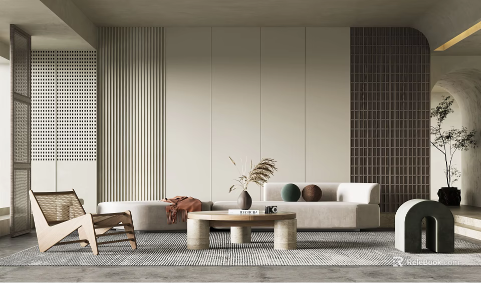 Modern Living Room Interior With Beige Sofa Coffee Table And Textured Wall Decor 3d model 