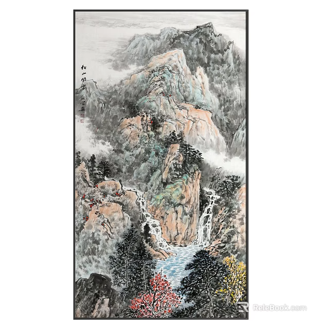 Traditional Chinese Landscape Painting With Mountains Waterfalls River Trees And Mist 3d model 