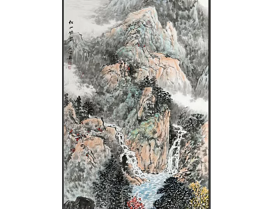 Traditional Chinese Landscape Painting With Mountains Waterfalls River Trees And Mist 3d model