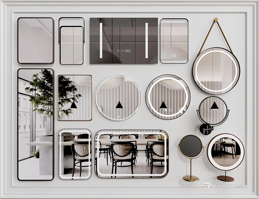 Various Shaped Framed Mirrors Reflecting Indoor Decor On Wall And Stand 3d model