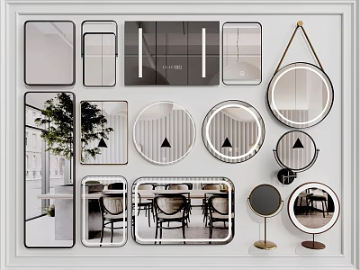 Various Shaped Framed Mirrors Reflecting Indoor Decor On Wall And Stand 3d model