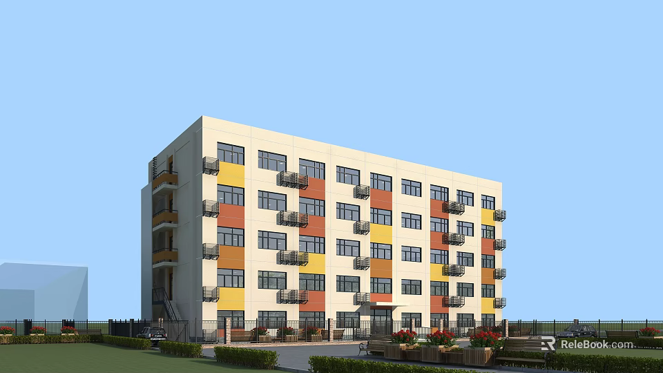 Multi Storey Residential Building With Colorful Exterior Walls Multiple Balconies And Surrounding Green Plants 3d model 