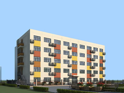 Multi Storey Residential Building With Colorful Exterior Walls Multiple Balconies And Surrounding Green Plants 3d model