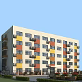 Multi Storey Residential Building With Colorful Exterior Walls Multiple Balconies And Surrounding Green Plants