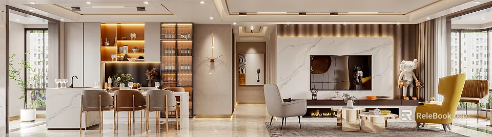 Elegant Modern Living Dining Room Interior With Sofa Dining Set Decorative Clock And Wall Art 3d model