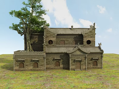 Ancient Chinese Traditional Architecture With Old Tree And Classic Roof Design 3d model