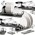 Organized Kitchenware Set With Plates Glasses Bowls Utensils And Dish Rack