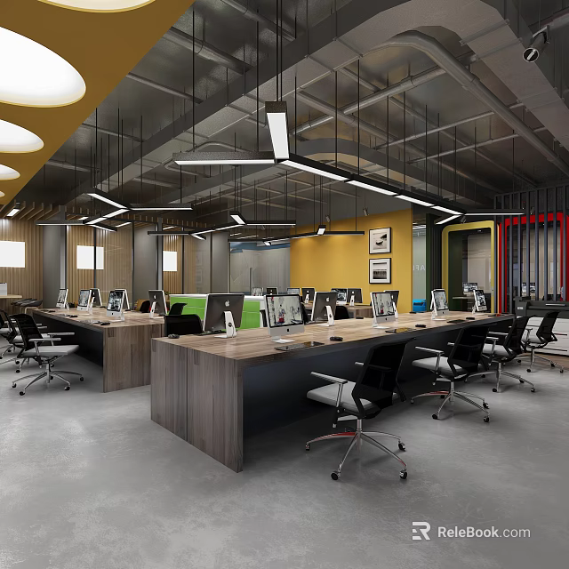 Modern Public Office Space With Wooden Desks Black Chairs And Pendant Lighting 3d model 