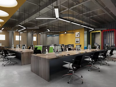 Modern Public Office Space With Wooden Desks Black Chairs And Pendant Lighting 3d model
