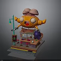 Colorful Cartoon Food Stall With Orange Character Pink Brain Head Street Lamp And Tables