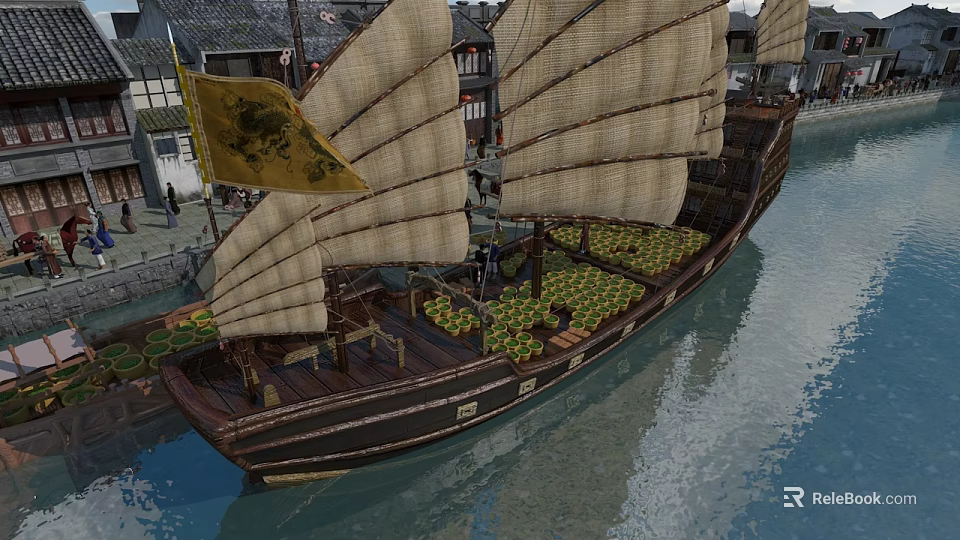 Historic Waterfront Commercial Street With Ancient Sailboat And Traditional Buildings 3d model 
