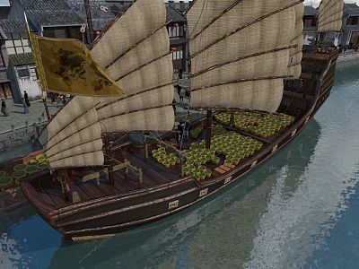 Historic Waterfront Commercial Street With Ancient Sailboat And Traditional Buildings 3d model