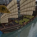 Historic Waterfront Commercial Street With Ancient Sailboat And Traditional Buildings