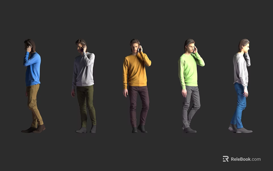 Men in Different Colored Sweaters Talking on Phones Against Grey Background 3d model 