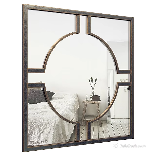 Decorative Mirror with Geometric Frame in Bedroom Featuring White Bedding Gray Pillow and Wooden Table 3d model 