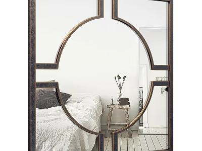 Decorative Mirror with Geometric Frame in Bedroom Featuring White Bedding Gray Pillow and Wooden Table 3d model