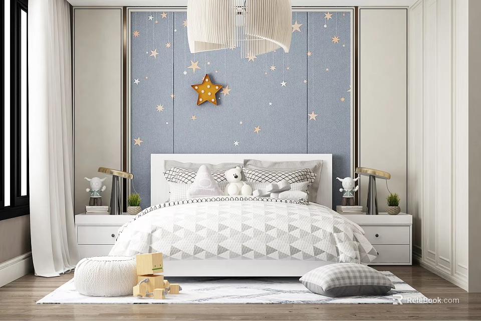 Cheerful Kids Bedroom Interior With Star Patterned Wallpaper Stuffed Toys And White Bed Frame 3d model 