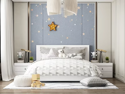 Cheerful Kids Bedroom Interior With Star Patterned Wallpaper Stuffed Toys And White Bed Frame 3d model