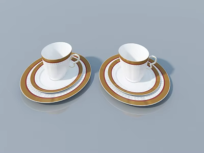 Elegant White Cups With Gold Rim And Saucers On Light Blue Background 3d model