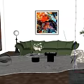 Modern Green Sofa and Coffee Table Set with Colorful Abstract Painting Potted Plant and Rug
