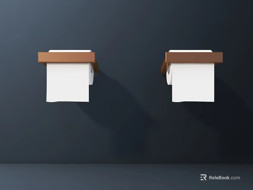 Wall Mounted Toilet Paper Holders With Brown Shelves And White Rolls On Dark Wall 3d model 