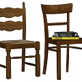 Traditional And Modern Wooden Dining Chairs With Wicker Seat And Stacked Books