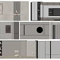 Modern Gray TV Background Cabinet Design With Storage Shelves And Circular Accent