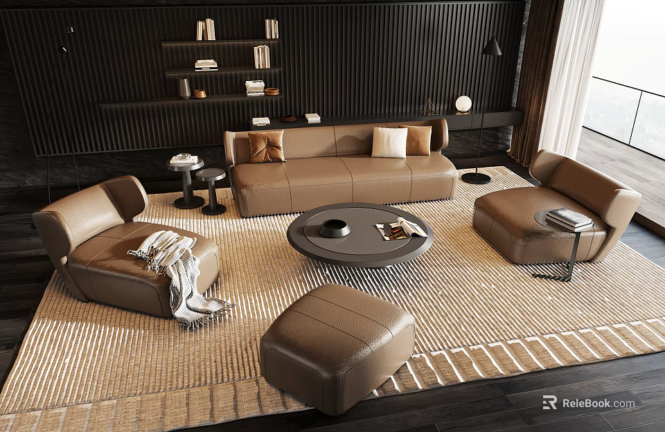 Modern Brown Leather Sofa And Coffee Table Set With Armchair Ottoman And Rug 3d model 