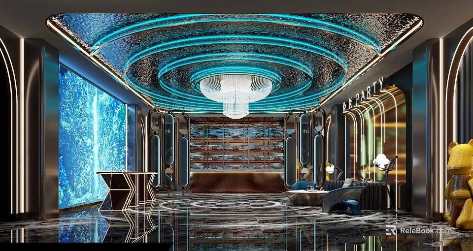Luxury KTV Interior Design With Circular Blue Neon Lights Chandelier Decorative Wall And Comfortable Sofa 3d model 