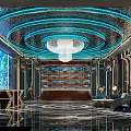 Luxury KTV Interior Design With Circular Blue Neon Lights Chandelier Decorative Wall And Comfortable Sofa