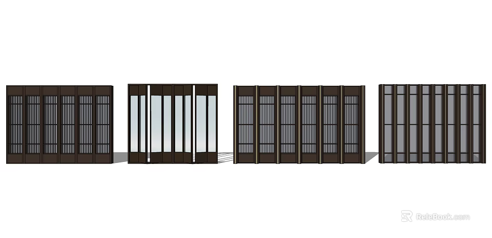 Modern Dark Wooden Partition Doors With Glass And Grid Patterns 3d model